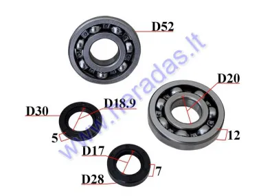 Crankshaft oil seals and bearings set for scooter 2T Aprilia, Piaggio Bearing 20/52/12 Oil seals 17/28/7, 18.9/30/5