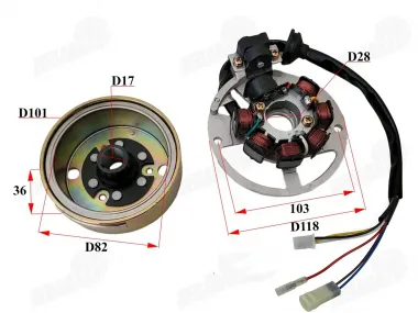 Apvija, apvijos generatoriaus su magnetu motorolerio, motociklo 6 laidų 2T 1PE40QMB, Minarelli 3KJ JOG 6 laidų
