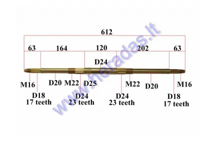 Rear axle for ATV quad bike up to 125cc