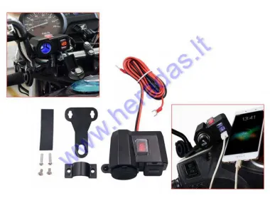 Cigarette lighter socket, battery charging indicator and 2USB connectors for motorcycle, quad bike, 12/24V DC 5V/2.1A, voltmeter