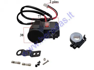 Cigarette lighter socket with cover and 2 USB connectors for motorcycle, quad bike 12-24V DC 5V / 2.1A