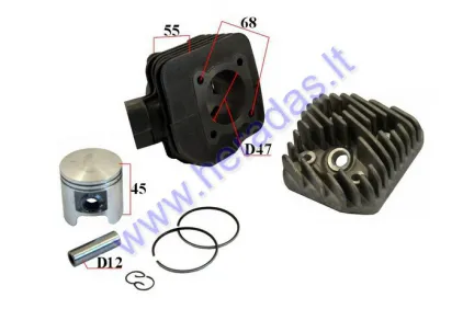 Cilindras stūmoklis motoroleriui 2T  D47 70cc Peugeot Speedfight AC su galvute