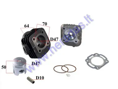 CYLINDER PISTON SET FOR SCOOTER D47 70cc Minarelli Horizontal PIN 10 2T 1PE40  Yamaha Neos/Jog WITH CYLINDER HEAD