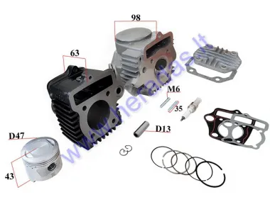 Cilindro stūmoklio ir variklio galvutės pilnas komplektas motociklui, mopedui 4T D47 50-80CC 139FMB  Barton FR 50, Volcano 50, Bashan CK50S-7