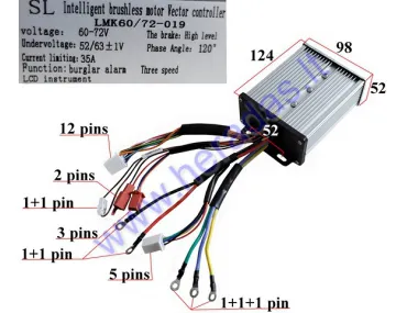 Elektrinio motorolerio kontroleris  60- 72V 1200W LMK60/72-019  varikliui EB1295,tinka su laidais EB1296