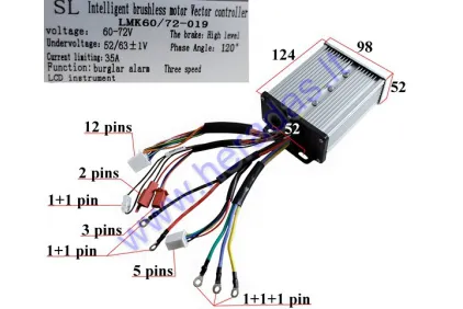 Elektrinio motorolerio kontroleris  60- 72V 1200W LMK60/72-019  varikliui EB1295,tinka su laidais EB1296