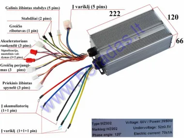 Elektrinio motorolerio kontroleris 60V 3950WAT  tinka CITYCOCO   ES8008 52+-0,5VCurrent 70+-1A, Kampas 120 laipsnių. (Phase angle) Sinusoidal brushless con