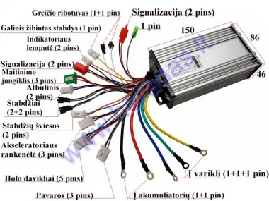 Elektrinio motorolerio, motociklo,paspirtuko kontroleris 60V 30A 1000W sinusinis 12 tube