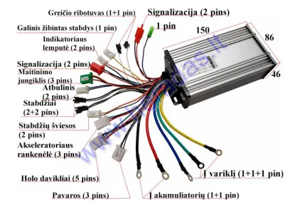 Elektrinio motorolerio, motociklo,paspirtuko kontroleris 60V 30A 1000W sinusinis 12 tube