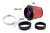 Sport air filter universal height 138mm, inside 83,80,73mm, outside 117/140mm with adapters