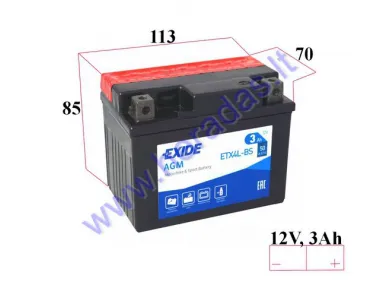 Motociklo akumuliatorius 3Ah.50A 12V EXIDE AGM 85x70x113mm  ETX4L-BS  ETX4L-BS