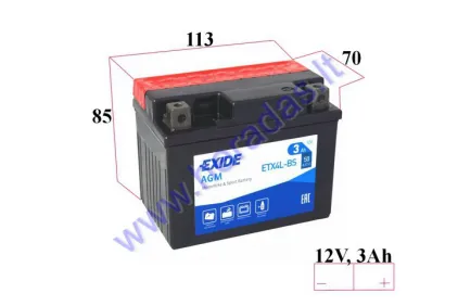 Motociklo akumuliatorius 3Ah.50A 12V EXIDE AGM 85x70x113mm  ETX4L-BS  ETX4L-BS