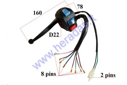 Jungiklių mazgas motoroleriui posūkiai/signalas/šviesos 8+2PIN 22mm vairui. Veidrodėliai M8