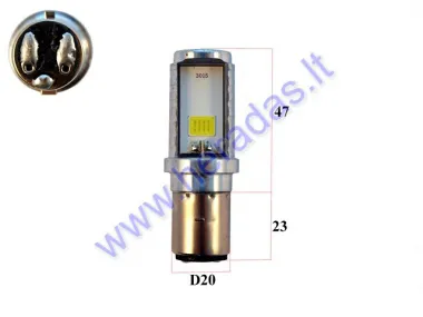 Lemputė LED 12V tinka elektriniam triračiui MS03 MS04 S2 tipas HT-1, 2 kontaktų, trumpos,ilgos S2 BA20d galia 6W