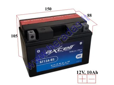 MOTOCIKLO AKUMULIATORIUS 12V 10AH  175A  AT12A-BS AXCELL ENERGY SOLUTION  MF 150X88X105 YT12A-BS