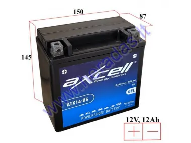 MOTOCIKLO AKUMULIATORIUS 12V 12AH  200A  ATX14-BS AXCELL ENERGY SOLUTION GEL 150X87X145 YTX14-BS