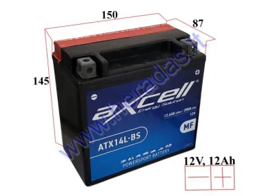 MOTOCIKLO AKUMULIATORIUS 12V 12AH  200A  ATX14L-BS AXCELL ENERGY SOLUTION  MF 150X87X145 YTX14L-BS