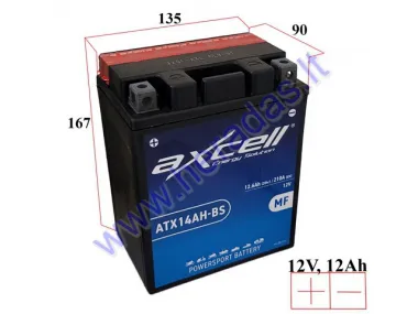 MOTOCIKLO AKUMULIATORIUS 12V 12AH  210A  ATX14AH-BS AXCELL ENERGY SOLUTION MF 135X90X167 YTX14AH-BS