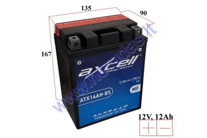 MOTOCIKLO AKUMULIATORIUS 12V 12AH  210A  ATX14AH-BS AXCELL ENERGY SOLUTION MF 135X90X167 YTX14AH-BS