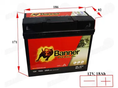 MOTORCYCLE BATTERY 12V 18Ah 250A BIKE BULL GEL BANNER 186X82X171MM 52101