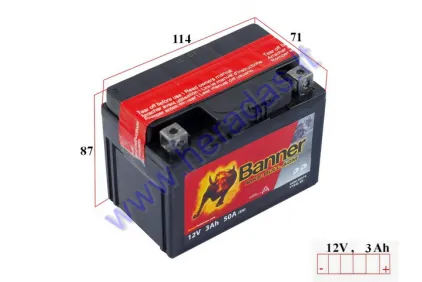 MOTORCYCLE BATTERY 12V 3AH 50A BIKE BULL BANNER AGM 114x71x86