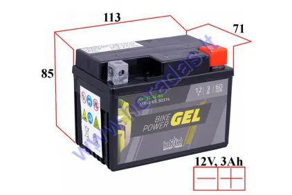 MOTOCIKLO AKUMULIATORIUS 12V 3AH 60A GEL12-4L-BS 50314 YTX4L-BS 113x71x85mm Intact