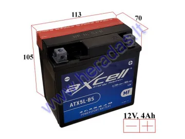 MOTOCIKLO AKUMULIATORIUS 12V 4AH  80A  ATX5L-BS AXCELL ENERGY SOLUTION  MF 113X70X105 YTX5L-BS