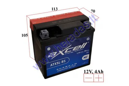 MOTOCIKLO AKUMULIATORIUS 12V 4AH  80A  ATX5L-BS AXCELL ENERGY SOLUTION  MF 113X70X105 YTX5L-BS