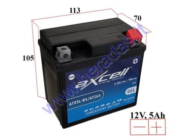 MOTORCYCLE BATTERY 12V 5AH  90A  ATX5L-BS ATZ6S AXCELL ENERGY SOLUTION GEL 113X70X105 YTX6L-BS
