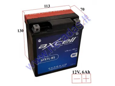 MOTORCYCLE BATTERY 12V 6AH  100A  ATX7L-BS AXCELL ENERGY SOLUTION  MF 113X70X130 YTX7L-BS