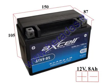 MOTOCIKLO AKUMULIATORIUS 12V 8AH  135A  ATX9-BS AXCELL ENERGY SOLUTION  GEL 150X87X105 YTX9-BS