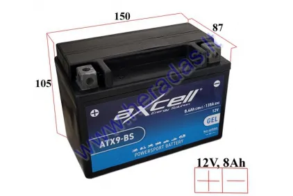 MOTOCIKLO AKUMULIATORIUS 12V 8AH  135A  ATX9-BS AXCELL ENERGY SOLUTION  GEL 150X87X105 YTX9-BS