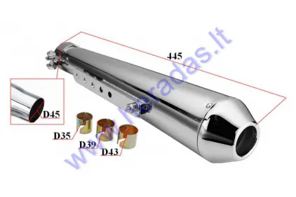 Muffler for motorcycle CAFE RACER L445 D45 + 3 pcs. adapter 35mm 39mm 43mm