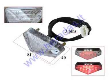 Motociklo, keturračio  galinis žibintas universalus 12v LED E žymėjimas, ant sparno 61mm tarp varžtų (raudona) 3PIN