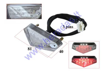 Motociklo, keturračio  galinis žibintas universalus 12v LED E žymėjimas, ant sparno 61mm tarp varžtų (raudona) 3PIN