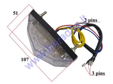 Motociklo, keturračio  galinis žibintas universalus 12v LED su numerio apšvietimu, ant sparno 78mm tarp varžtų (raudona) 5PIN