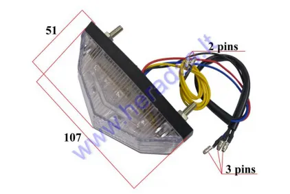 Motociklo, keturračio  galinis žibintas universalus 12v LED su numerio apšvietimu, ant sparno 78mm tarp varžtų (raudona) 5PIN