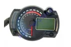 MOTORCYCLE SPEEDOMETER TACHOMETER WITH MAGNETIC FRONT WHEEL INDICATOR. KOSO REPLICA, driving time, clock. Indicator lights: fuel level, turns, battery, distance, oil level, water temperature, neutral gear.