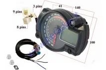 MOTORCYCLE SPEEDOMETER TACHOMETER WITH MAGNETIC FRONT WHEEL INDICATOR. KOSO REPLICA, driving time, clock. Indicator lights: fuel level, turns, battery, distance, oil level, water temperature, neutral gear.