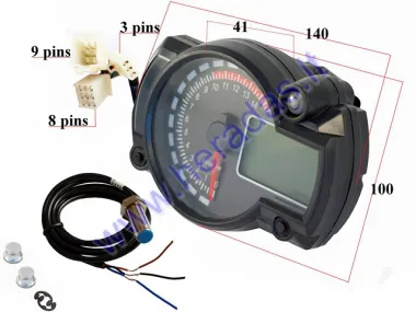 MOTORCYCLE SPEEDOMETER TACHOMETER WITH MAGNETIC FRONT WHEEL INDICATOR. KOSO REPLICA, driving time, clock. Indicator lights: fuel level, turns, battery, distance, oil level, water temperature, neutral gear.