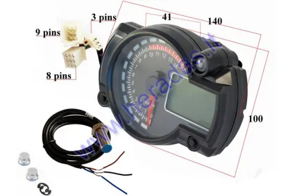 MOTORCYCLE SPEEDOMETER TACHOMETER WITH MAGNETIC FRONT WHEEL INDICATOR. KOSO REPLICA, driving time, clock. Indicator lights: fuel level, turns, battery, distance, oil level, water temperature, neutral gear.