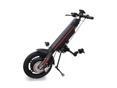 Wheelchair trailer 16 inch wheel, 48V 800W. 12 Ah battery. Designed to turn hand driven wheelchairs into self-propelled wheelchairs