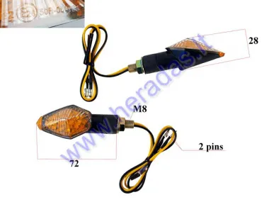 Turn light 2 pcs set, 12V LED E marking M8 L72mm yellow