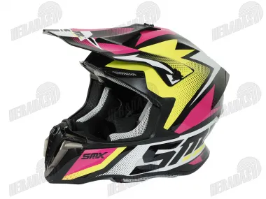 Šalmas motociklininko krosinis SMX rožinė geltona spalva