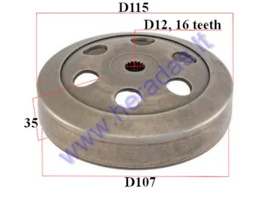 CLUTCH DRUM 107mm 16 teeth FOR SCOOTER  D12 Minarelli 50cc, Yamaha, MBK