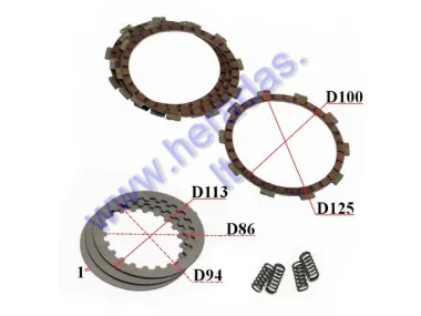 CLUTCH FRICTION DISC 3 PC,  INTERMEDIATE DISCS 4 PC AND CLUTCH SPRING (4 PC) SET. Minarelli