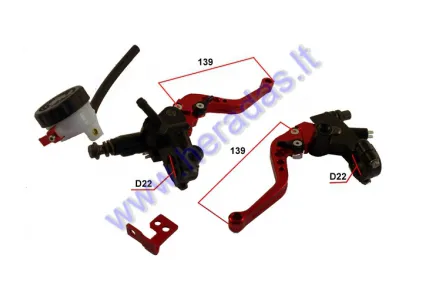 Brake and cluch lever set with MASTER CYLINDER for standart D22 mm HANDLEBAR. Sport short levers, 6 steps distance adjustment. Fits M10 mirrors, 2x right-hand thread.