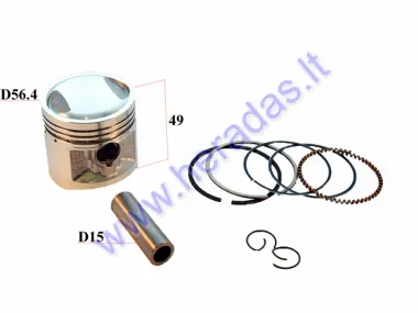 PISTON, RING SET FOR ATV QUAD BIKE D56,4mm PIN15 H49mm Romet, Junak, Barton 125cc