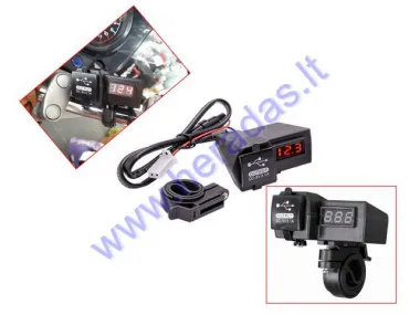 USB charger, battery charging indicator with 2USB connection for motorcycle, quad bike, 12/24V DC 5V/3.1A , voltmeter