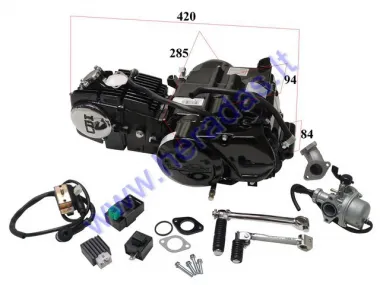 Variklis motociklo  keturtaktis LIFAN  125cc 4 bėgiai aušinamas oru, karbiuratorius kolektorius, užvedimo, bėgių kojelės. CDI, babina, įtampos reg Stūmokli